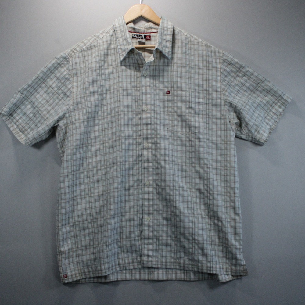 Quiksilver Mens XL Plaid Button Up Short Sleeve Shirt Y2K Skater Surfer Utility
